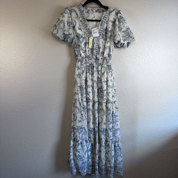 NWT Max Studio Dress Maxi S Blue Floral Tiered Cottage Core Bohemian Botanical - Picture 2 of 6